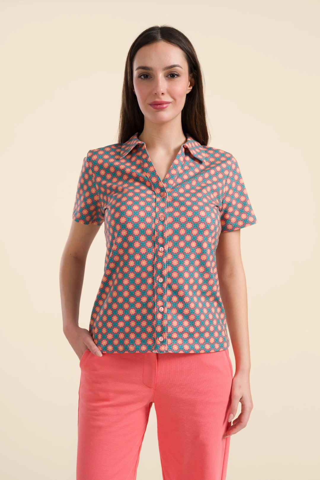 Lena blouse short sleeve Vintage Coral Flower