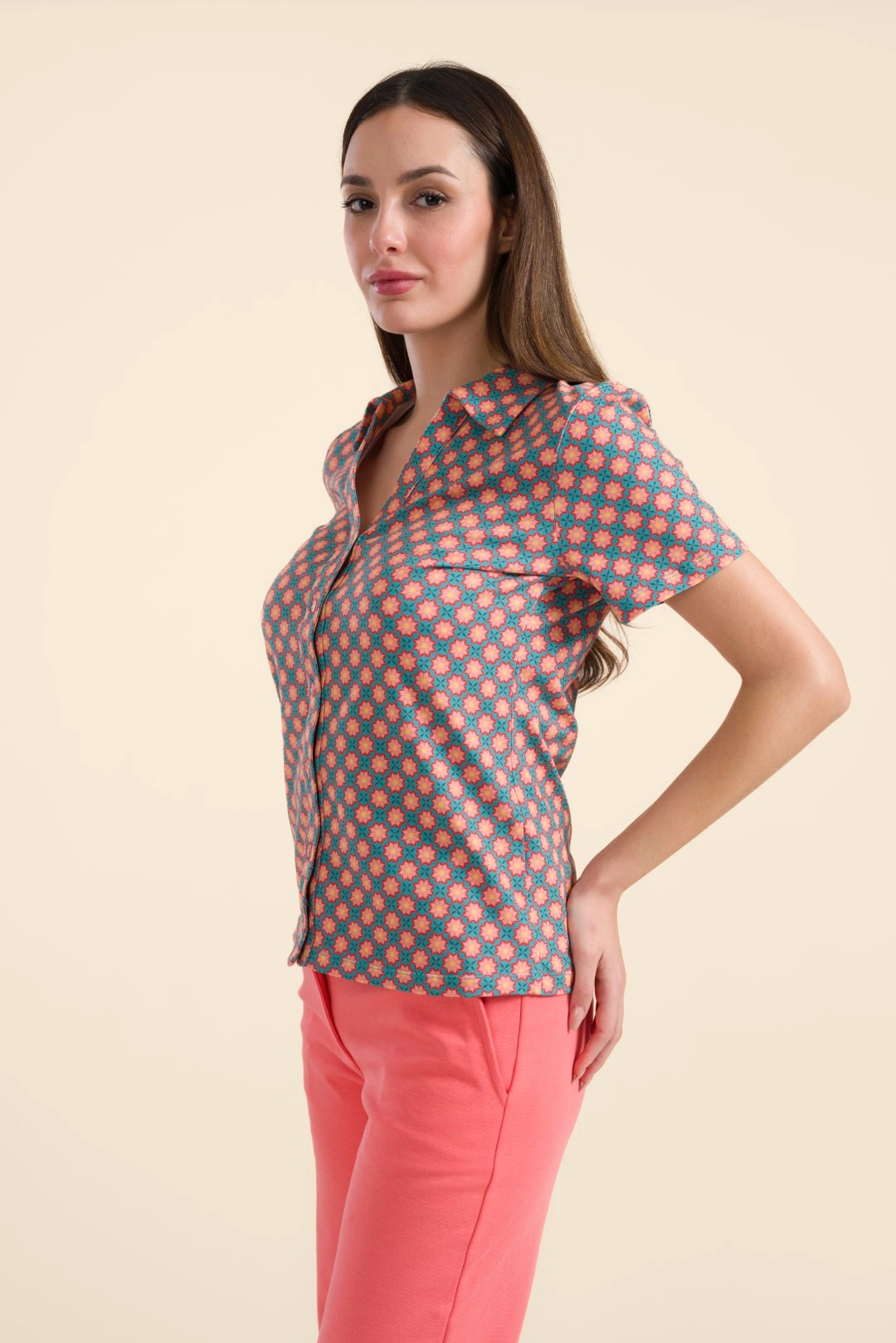 Lena blouse short sleeve Vintage Coral Flower - Afbeelding 2